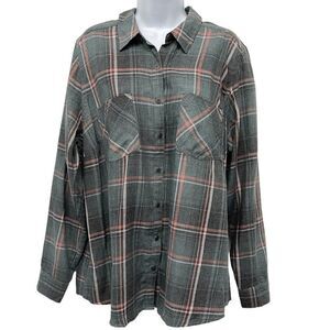 2/$30 Maurices Distressed Plaid Long Sleeve Button Up Lightweight Shirt Top 1